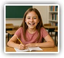 Smiling girl at a school desk